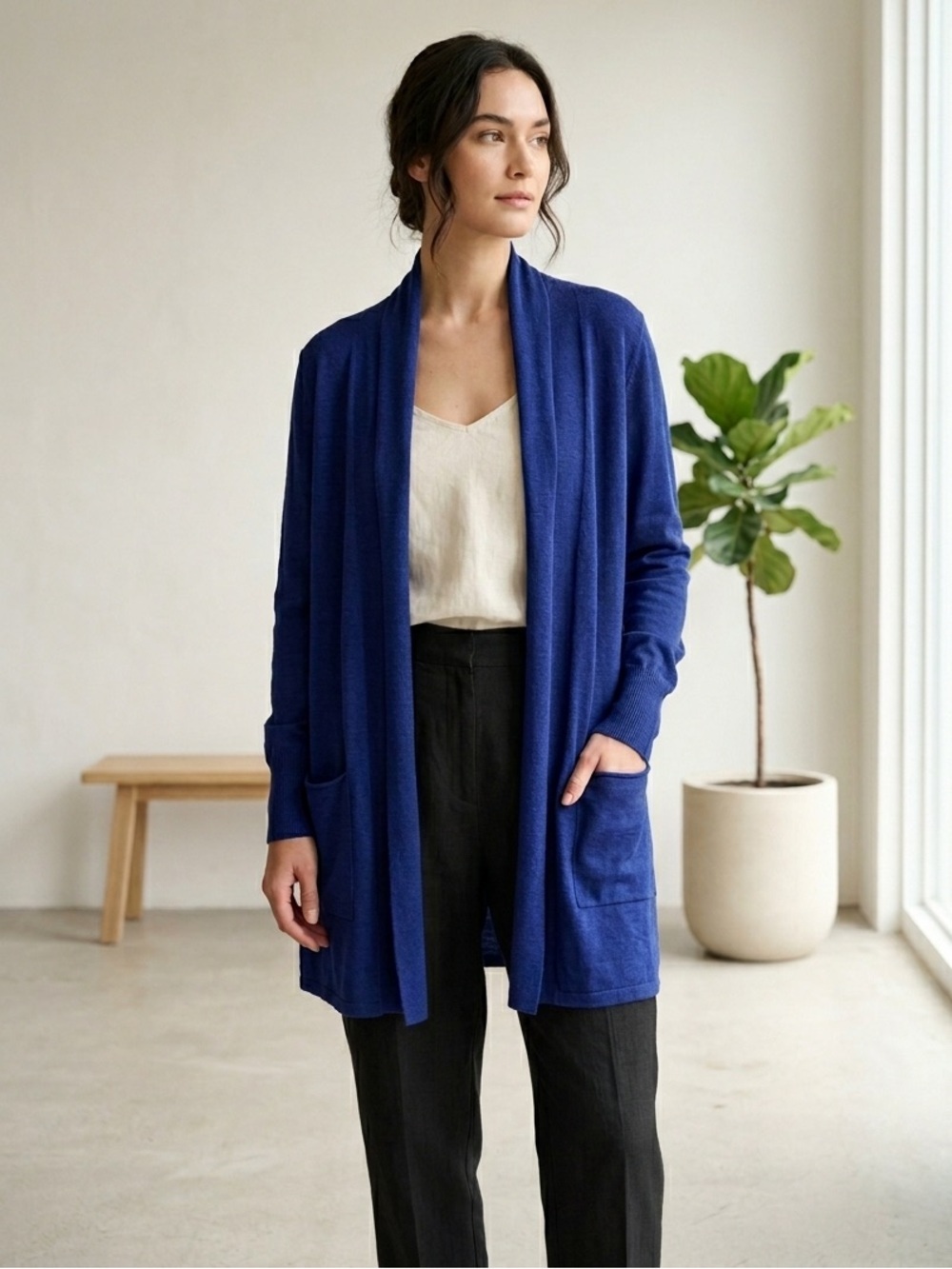 Eileen Fisher cobalt blue merino wool open front cardigan - Medium